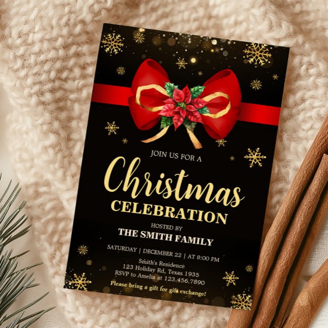 Red Guld Elegant Bow Helgdag jul Party Inbjudningar (Elegant Bow Holiday Christmas Party Invitation)