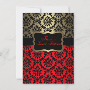 Red & Guld Elegant Damask Birthday Inbjudan