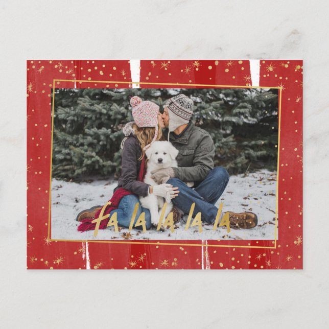 Red & Guld Fa La La La La Snowy-Helgdag Helg Vykort (Framsida)