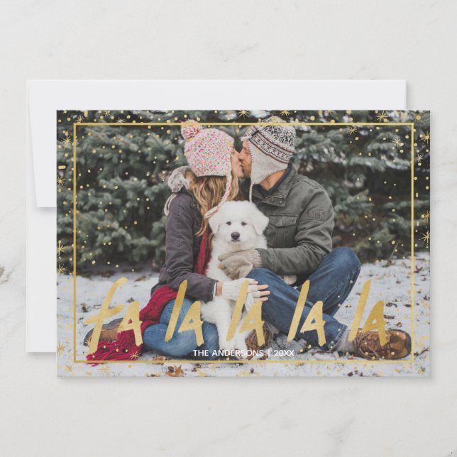 Red & Guld Fa La La La Snowy Helgdag jul Julkort (Framsida)