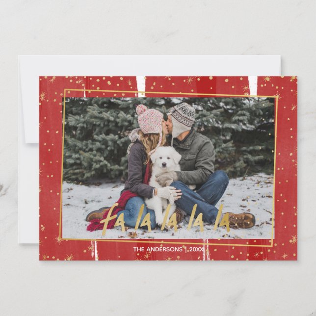 Red & Guld Fa La La La Snowy Helgdag jul Julkort (Framsida)