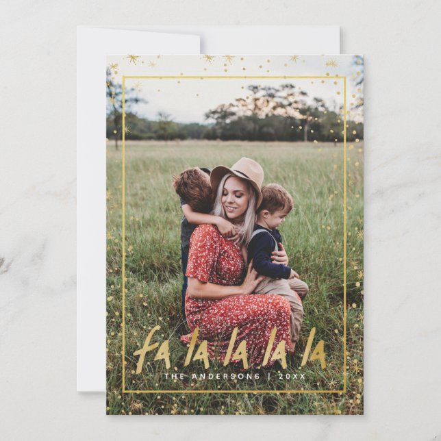 Red & Guld Fa La La La Snowy Helgdag jul Julkort (Framsida)