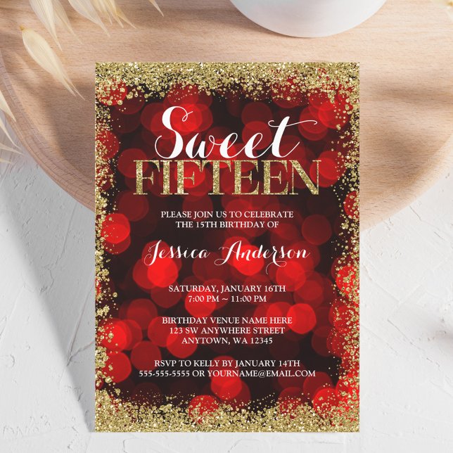 Red Guld Faux Glitter Ljus Sweet 15 Quinceanera Inbjudningar (Skapare uppladdad)