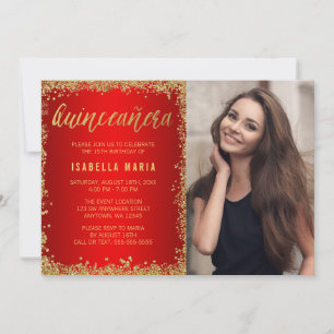 Red Guld Faux Glitter Quinceanera 15:e foto Inbjudningar