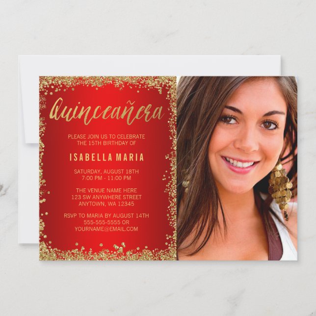 Red Guld Faux Glitter Quinceanera 15:e foto Inbjudningar (Framsida)