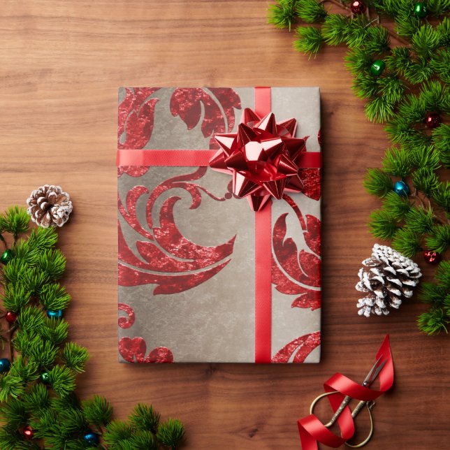 Red Guld Faux Velvet Damask Elegant Presentpapper (Julgåva)