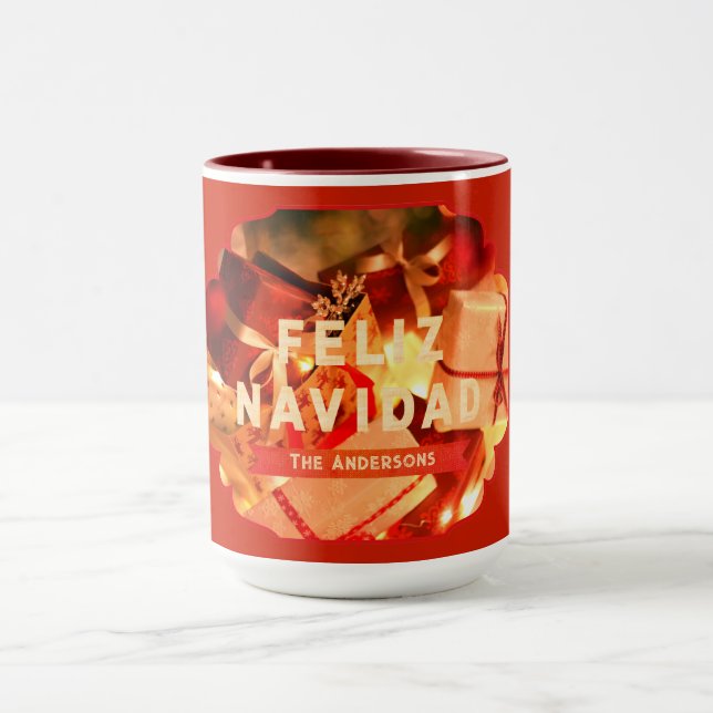 Red Guld Feliz Navidad Script Modern jul Mugg (Center)