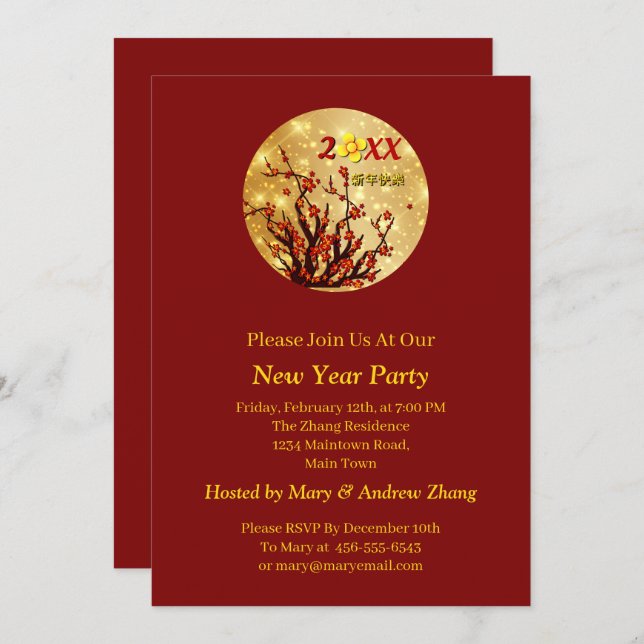 Red Guld Flowers Lycklig kinesiska nyår 20XX Inbjudningar (Fram/baksida)