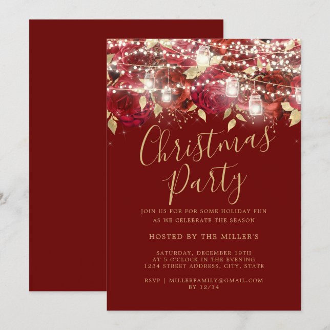 Red Guld Foliage Ljus jul Party Inbjudningar (Fram/baksida)