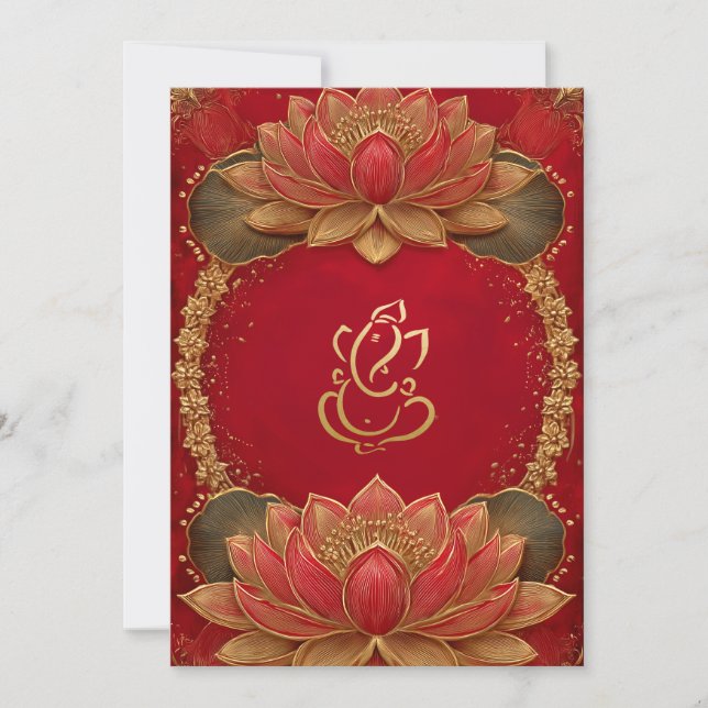 Red Guld Ganesha Indian Ethnic Lotus Bröllop Inbjudningar (Framsida)