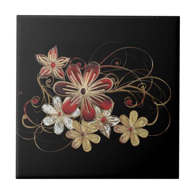 Red Guld Gemstone Flowers Black Ceramic Tile Kakelplatta (Framsidan)