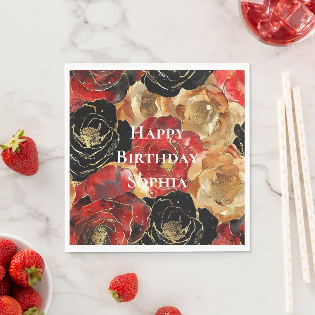 Red Guld Glam Flowers Birthday Pappersservett (Insitu)