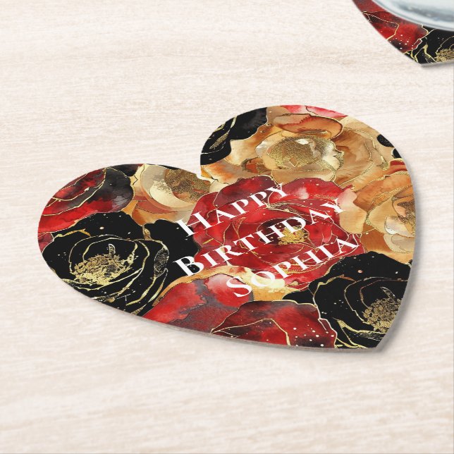 Red Guld Glam Flowers Birthday Underlägg Papper (Vinklad)