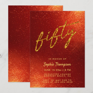 Red Guld Glitter Calligraphy Elegant 50 Birthday Inbjudningar