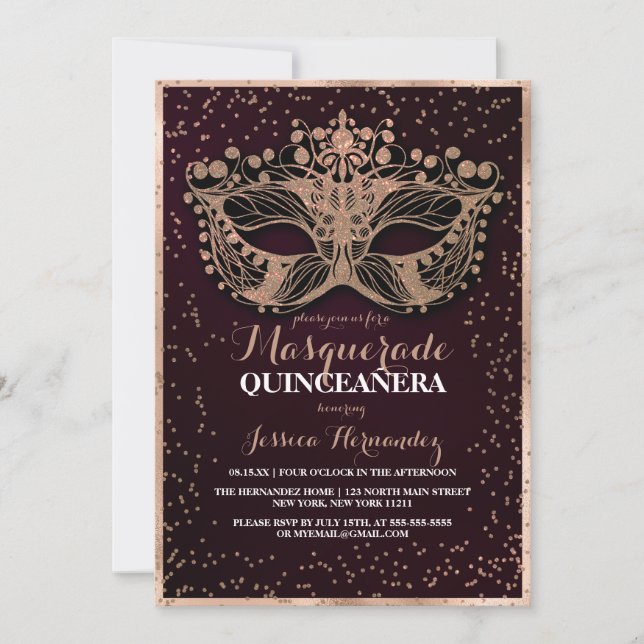 Red Guld Glitter Confetti Masquerad Quinceañera Inbjudningar (Framsida)