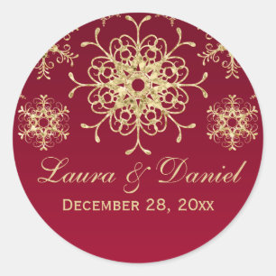 Red, Guld Glitter LOOK Snowflake Bröllop Sticker Runt Klistermärke