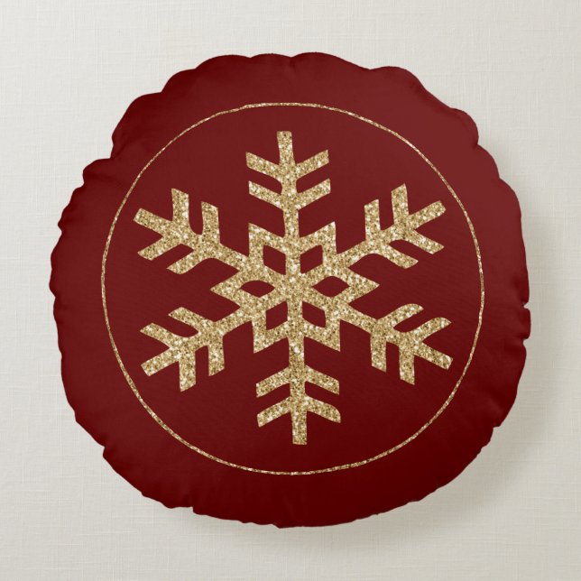 Red Guld Glitter Snowflake Rund Kudde (Framsidan)