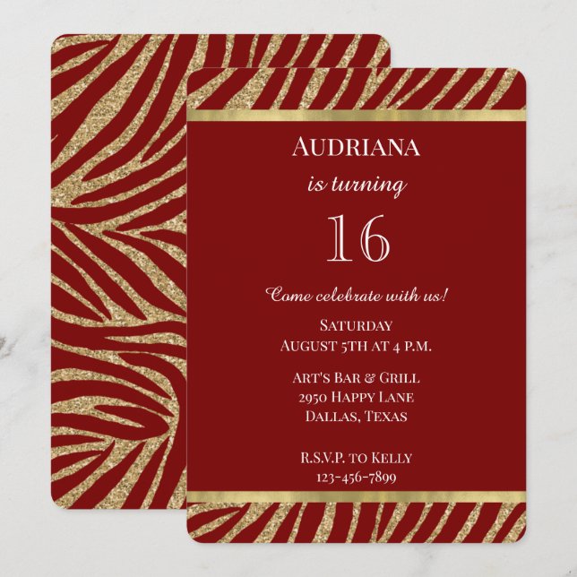 Red Guld Glitter Zebra Animal Birthday Inbjudningar (Fram/baksida)