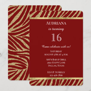 Red Guld Glitter Zebra Animal Birthday Inbjudningar