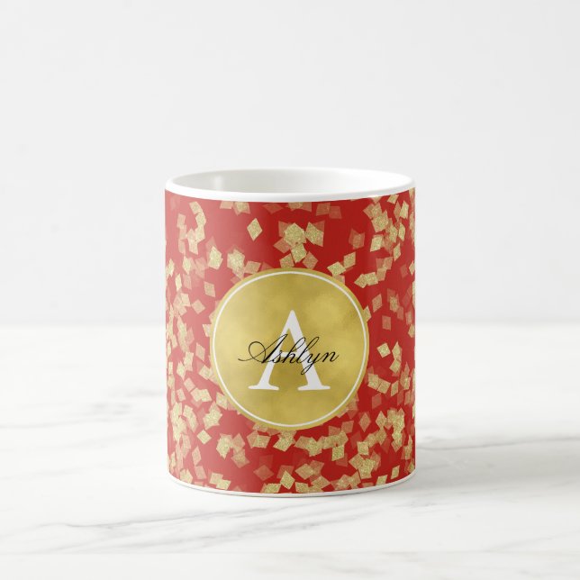 Red Guld Glitzy Confetti Abstrakt Monogram Kaffemugg (Center)