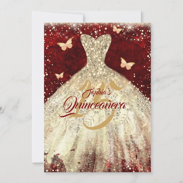 Red Guld Gnistra Butterfly Dress Quinceanera Inbjudningar (Baksida)