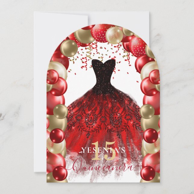 Red Guld Gnistra Dress Quinceañera Balloon Arch Inbjudningar (Framsida)