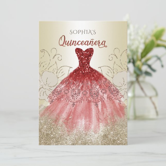 Red Guld Gnistra Dress Quinceañera Quince Inbjudningar (Stående Fram)