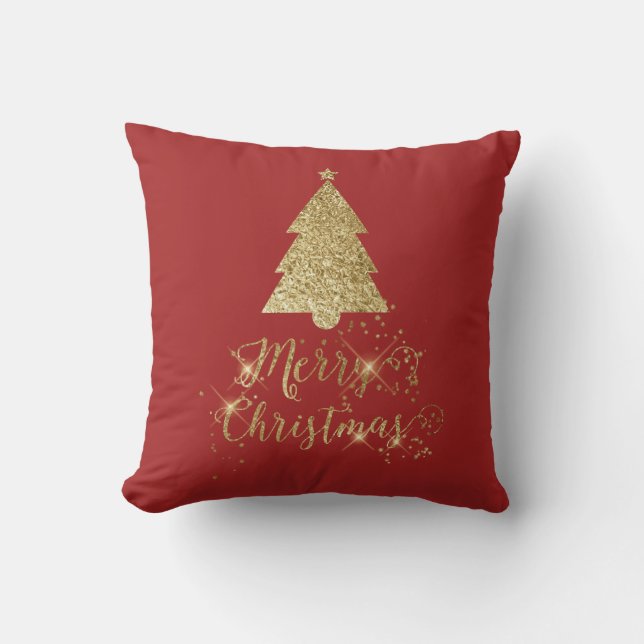 Red Guld Gnistra God jul Träd Kudde (Framsida)