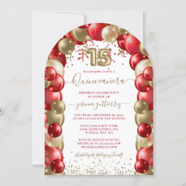 Red Guld Gnistra Quinceañera Balloon-inbjudan Inbjudningar