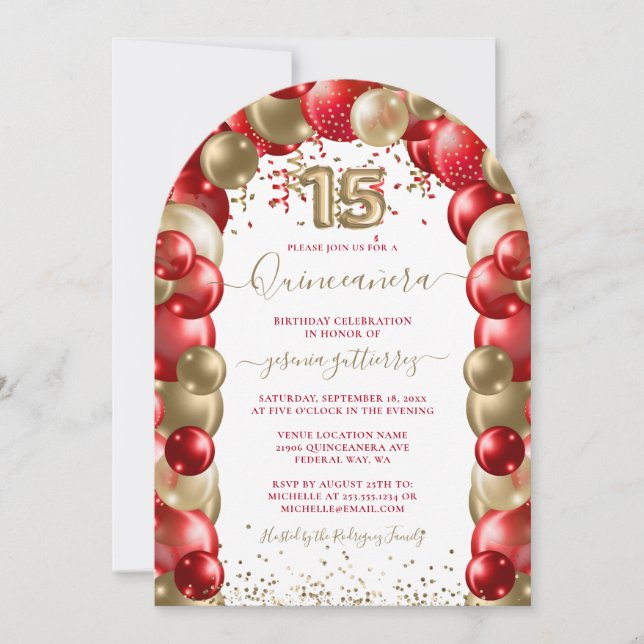 Red Guld Gnistra Quinceañera Balloon-inbjudan Inbjudningar (Framsida)