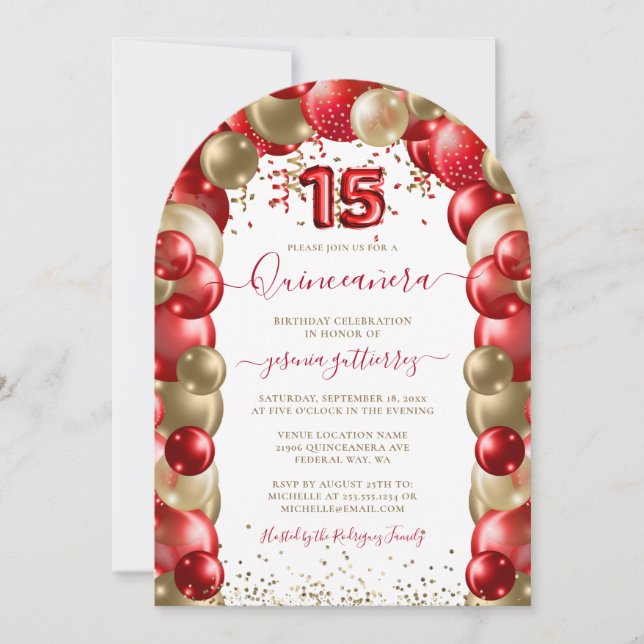Red Guld Gnistra Quinceañera Balloon Inbjudningar (Framsida)