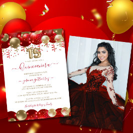 Red Guld Gnistra Quinceañera Balloon Photo Inbjudningar