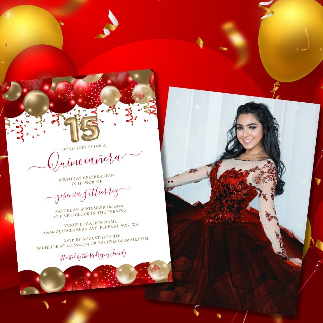 Red Guld Gnistra Quinceañera Balloon Photo Inbjudningar (Red Gold Sparkle Quinceañera Balloon Photo Invitation)