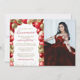 Red Guld Gnistra Quinceañera Balloon Photo Inbjudningar