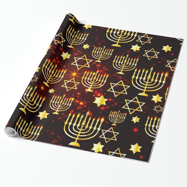 Red & Guld Hanukkah Menorah Presentpapper (Utrullad)