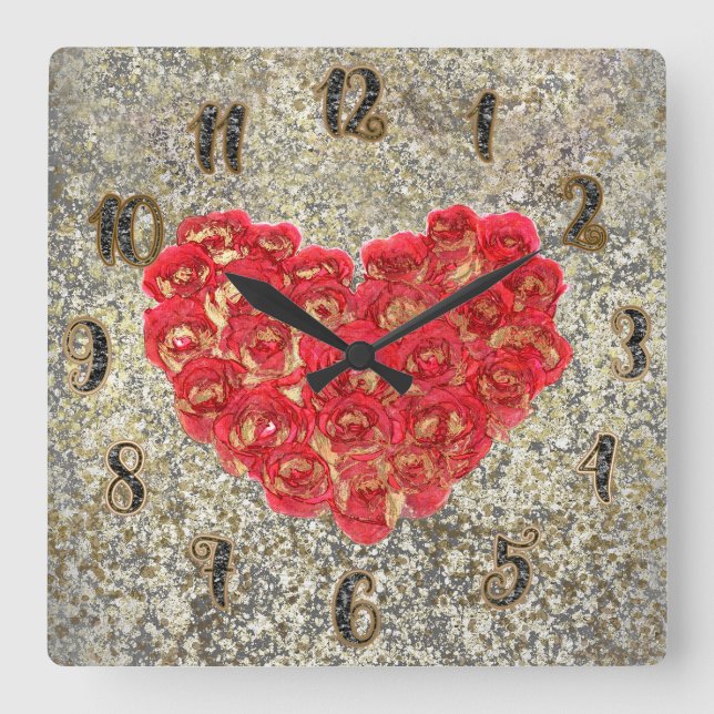 Red & Guld Heart Glam Rustic Kärlek Rustic Valenti Fyrkantig Klocka (Framsida)