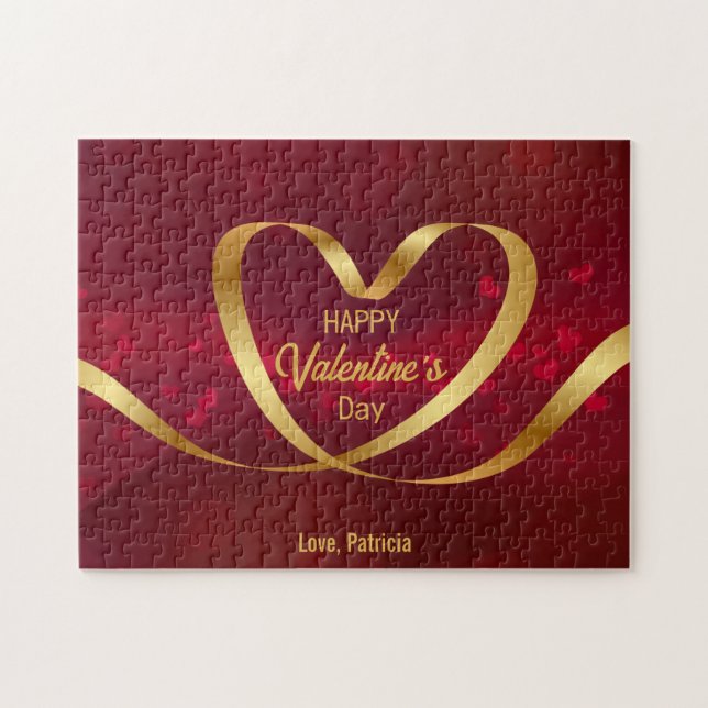 Red Guld Heart Ribbon Glad Alla hjärtans dag Pussel (Horisontell)