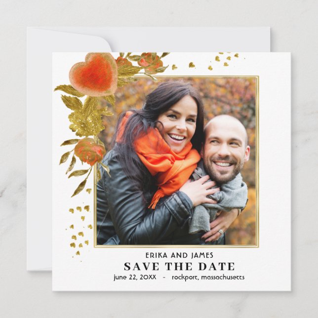 Red Guld Heart Ro Photo Save Date (Framsida)