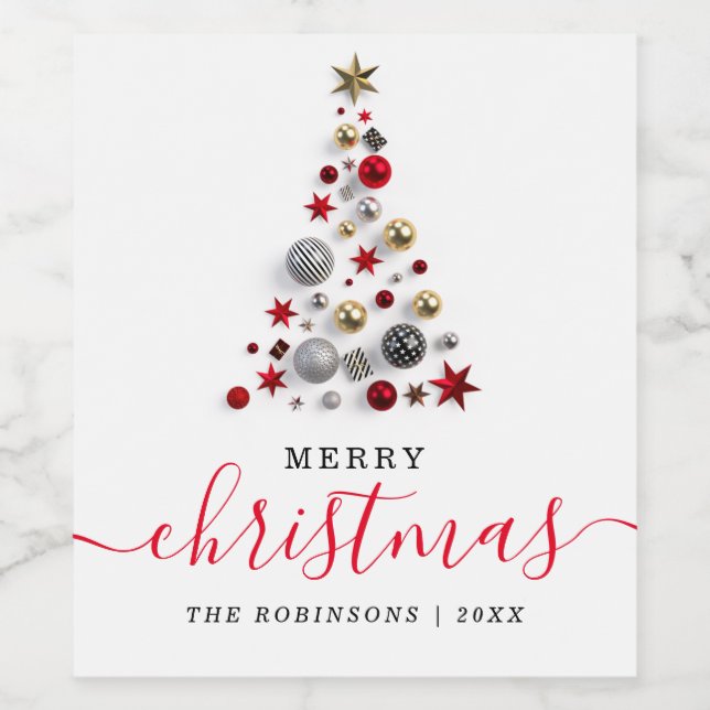 Red & Guld Helgdag Modern Julgran Vinflaska Etikett (Singel etikett)