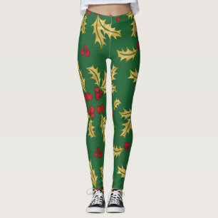 Red & Guld Holly Berries & Löv in Watercolor Leggings