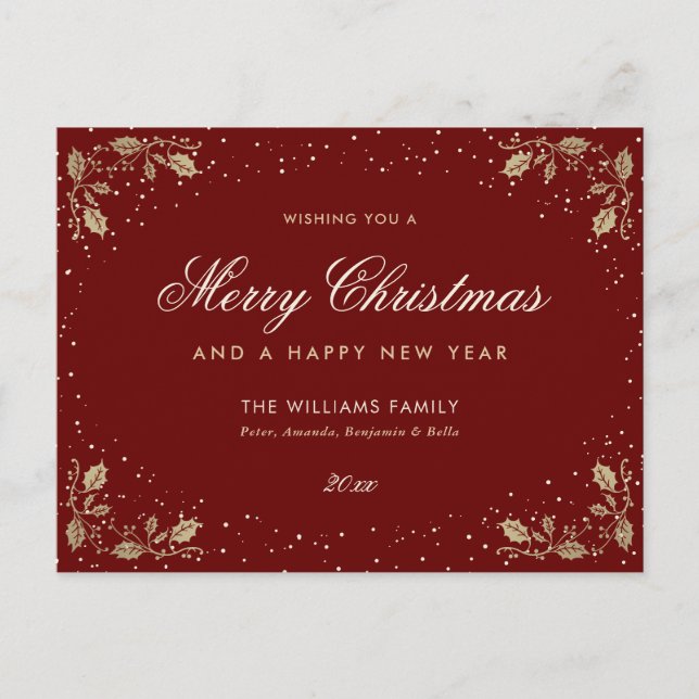 Red Guld Holly Snö Helg Vykort (Framsida)