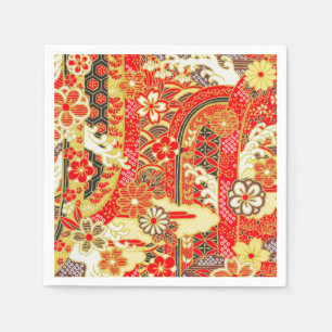 Red Guld Japansk Kimono Blommigt Decoupage Papper Pappersservett