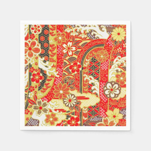 Red Guld Japansk Kimono Blommigt Decoupage Papper Pappersservett (Framsidan)