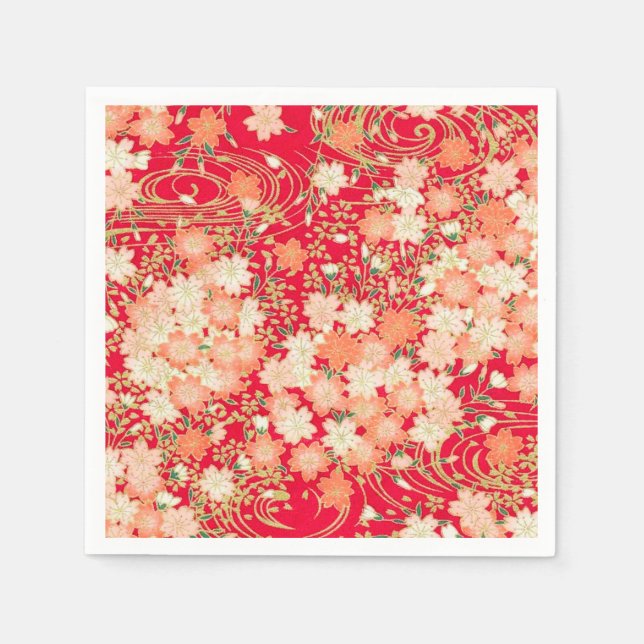 Red Guld Japansk Kimono Blommigt Decoupage Papper Pappersservett (Framsidan)