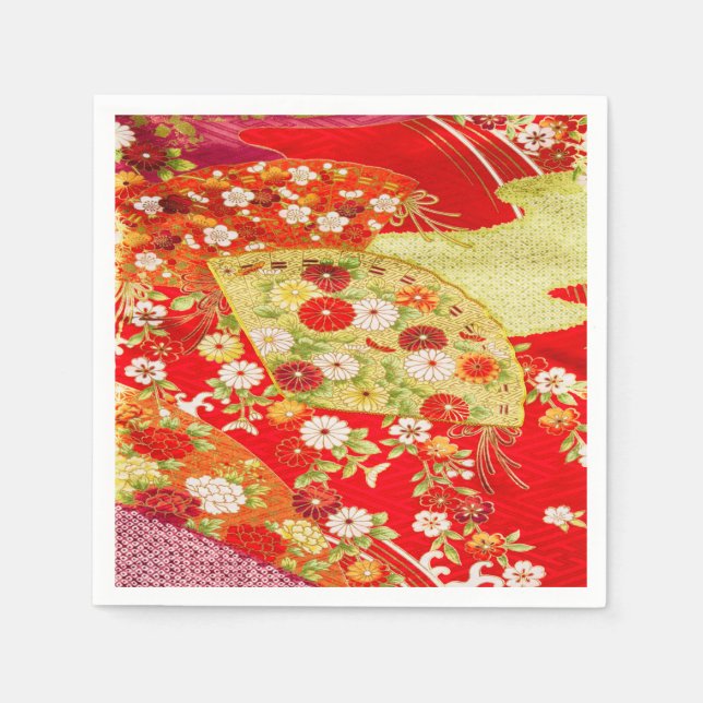 Red Guld Japansk Kimono Blommigt Decoupage Papper Pappersservett (Framsidan)
