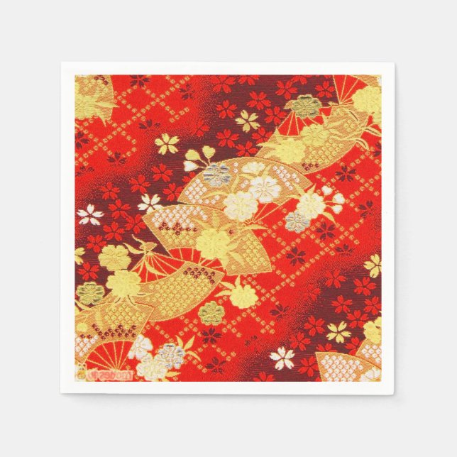 Red Guld Japansk Kimono Blommigt Decoupage Papper Pappersservett (Framsidan)