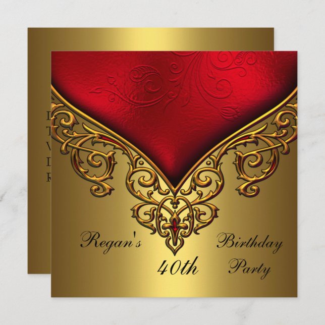 Red Guld Jewel 40:e Elegant födelsedagsfest Inbjudningar (Fram/baksida)