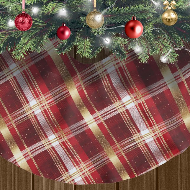Red Guld jul Tartan Mönster#7 ID1009 Julgransmatta Borstad Polyester (Skapare uppladdad)