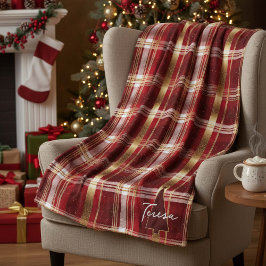 Red Guld Julgran Tartan Mönster#7 ID1009 Fleecefilt