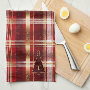 Red Guld Julgran Tartan Mönster#7 ID1009 Kökshandduk